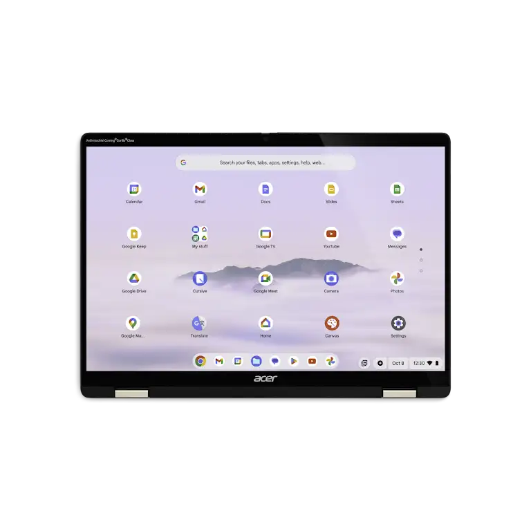 Acer Chromebook Plus Spin 714 device inverted with keys facing down, straightforward view of the apps screen.