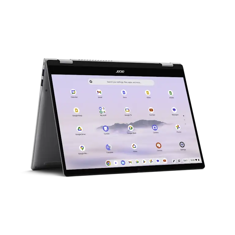 Acer Chromebook Plus Spin 514 device in tent position, displaying the apps screen.