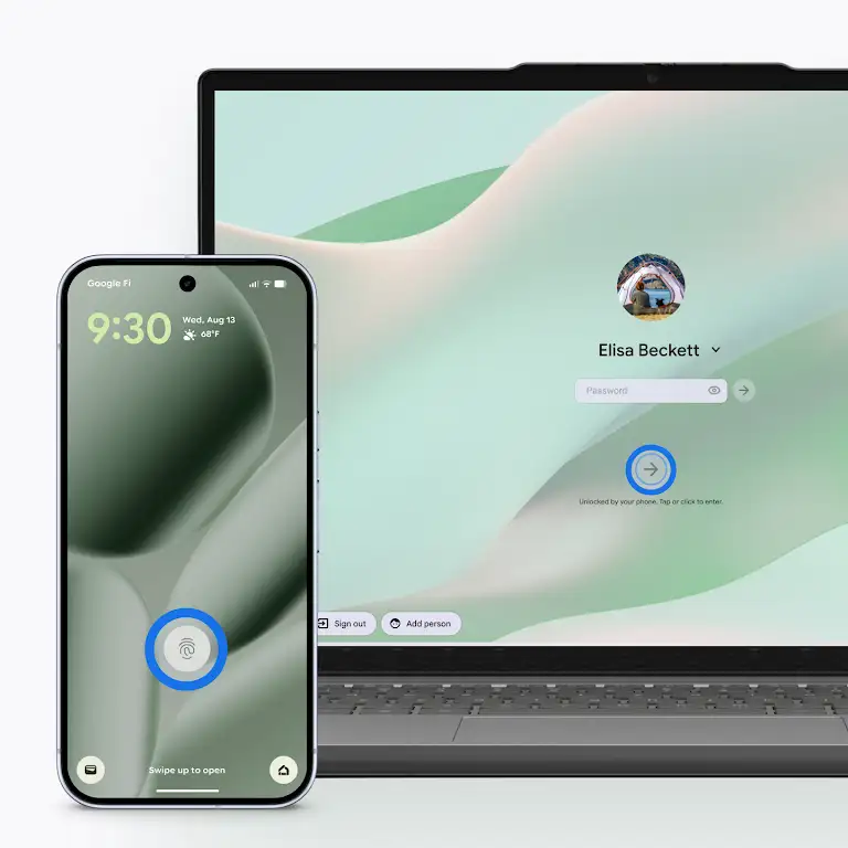 A visual asset showing that unlocking a Google Pixel also unlocks a Google Chromebook.