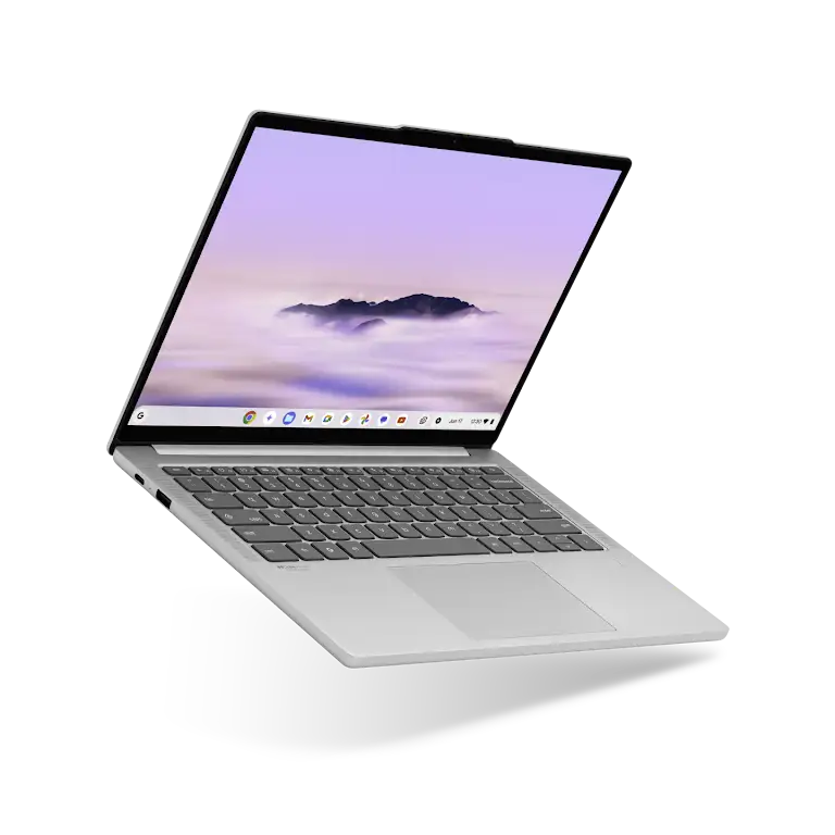 Lenovo Chromebook Plus Gen 10 device floating open, angled to show the left side and screen.