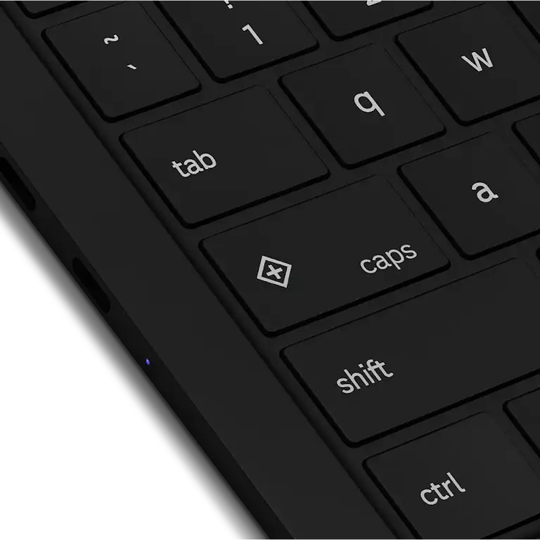 Samsung Galaxy Chromebook Plus device up-close look at the keyboard and left-side ports.