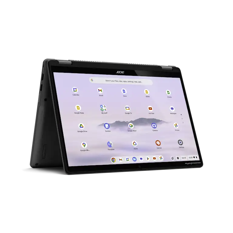 Acer Chromebook Plus Spin 514 device in tent position, displaying the apps screen.