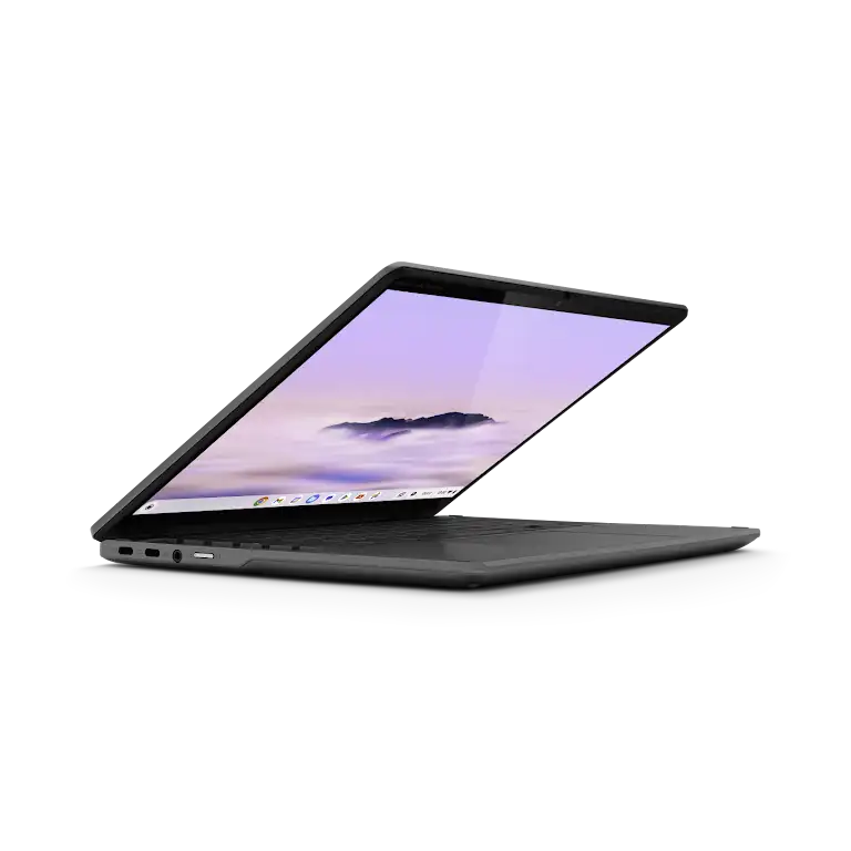 Acer Chromebook Plus Spin 514 device slightly opened up close look at the left side ports and external buttons.