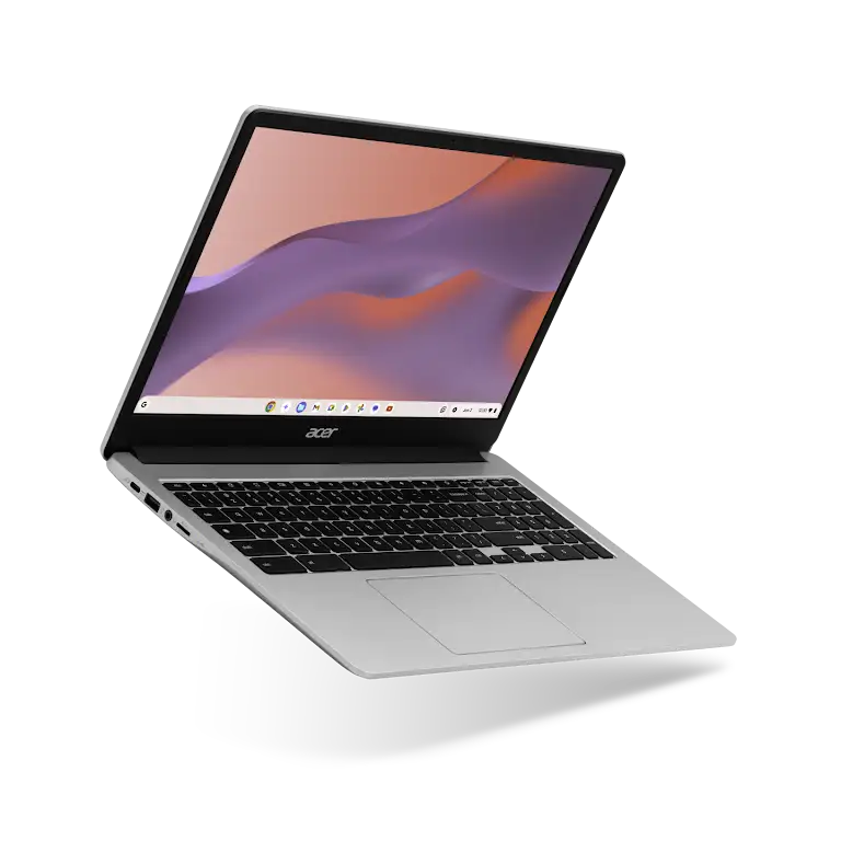 Acer Chromebook 315 magma device floating open, angled to show the left side and screen.