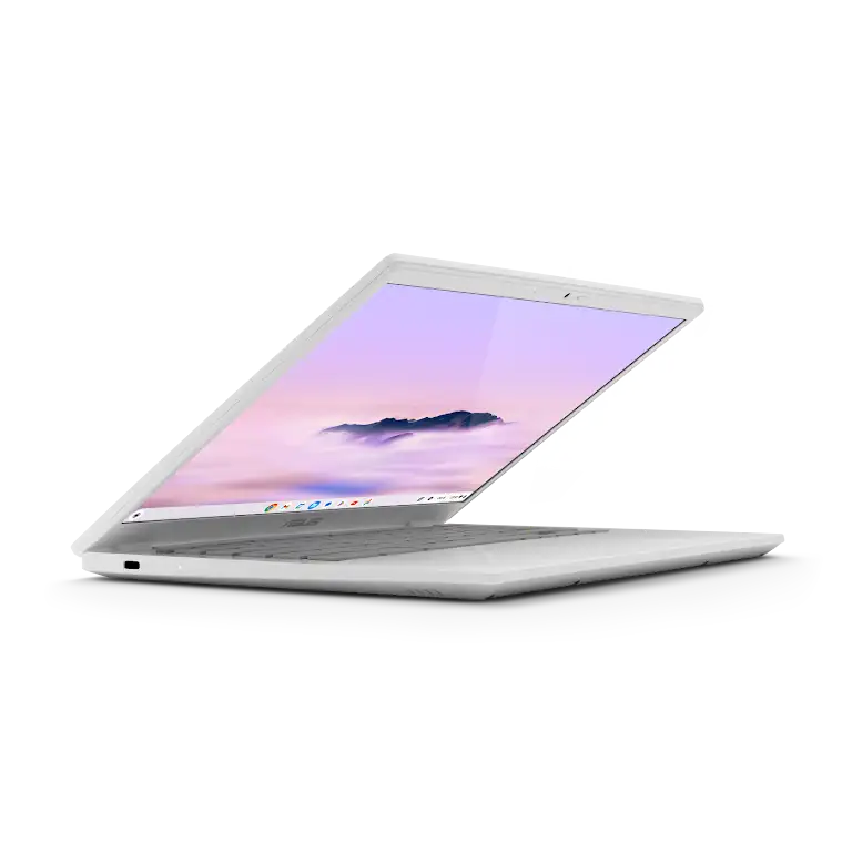 Asus Chromebook Plus CX34 device slightly opened up close look at the left side ports and external buttons.