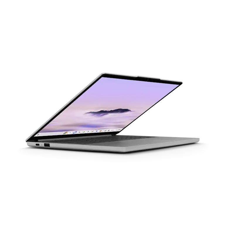 Lenovo Chromebook Plus Gen 10 device slightly opened up close look at the left side ports and external buttons.
