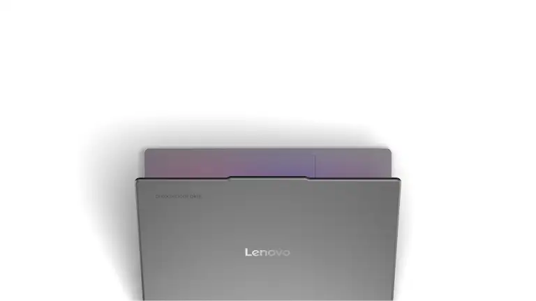 Animation showing a Chromebook Plus laptop opening with a glow from the screen appearing
