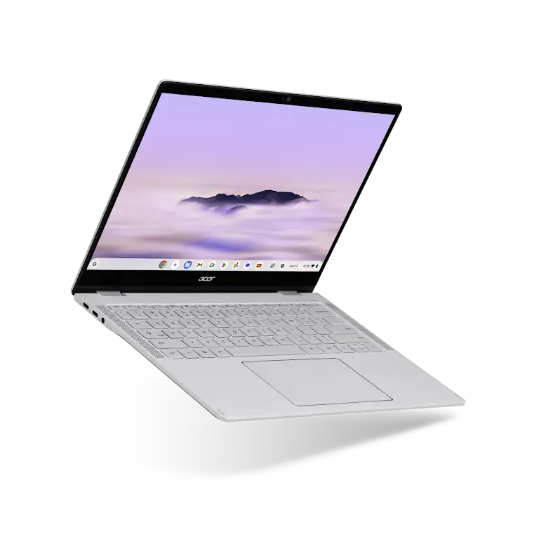 Acer Chromebook Plus Spin 514 device floating open, angled to show the left side and screen.