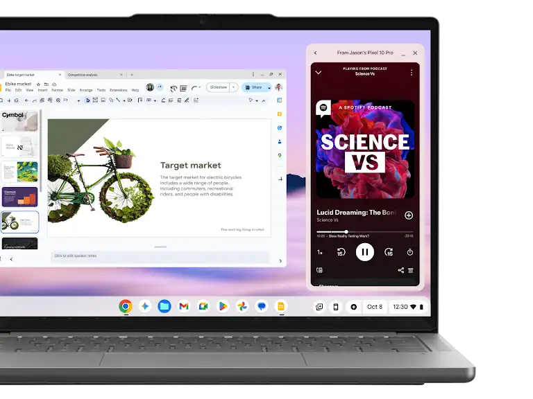 Image shows YouTube Music being accessed seamlessly between a Pixel phone and a Google Chromebook.