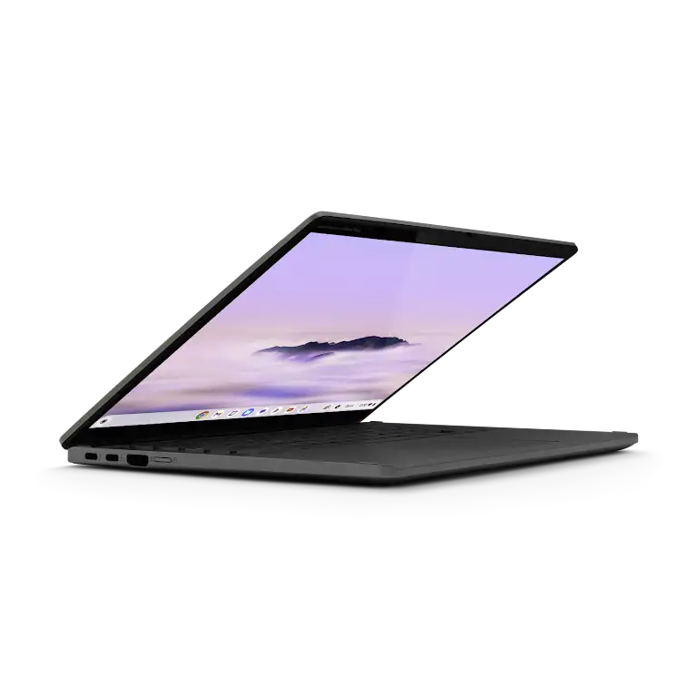 Acer Chromebook Plus Spin 714 device slightly opened up close look at the left side ports and external buttons.