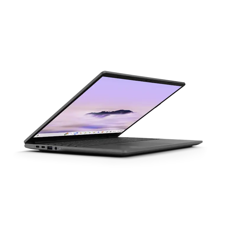 Acer Chromebook Plus 516 device slightly opened up close look at the left side ports and external buttons.
