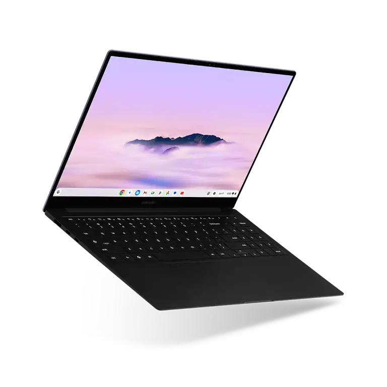 Samsung Galaxy Chromebook Plus device floating open, angled to show the left side and screen.