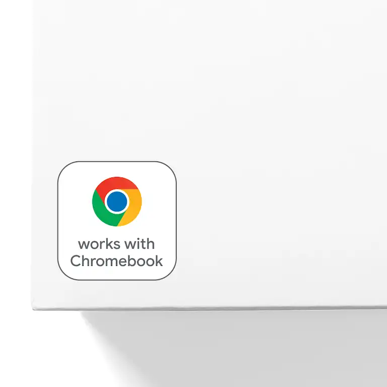 Image of the back of a laptop with a sticker stating "Works With Chromebook".