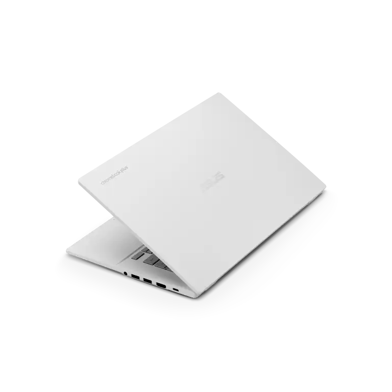Asus Chromebook Plus CX34 device angled to showcase the variety of ports available on the left edge.