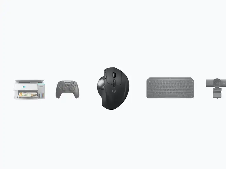 Rotating carousel depicting various devices (including headphones, mouse, keyboard, monitor, etc) that work with Chromebook.