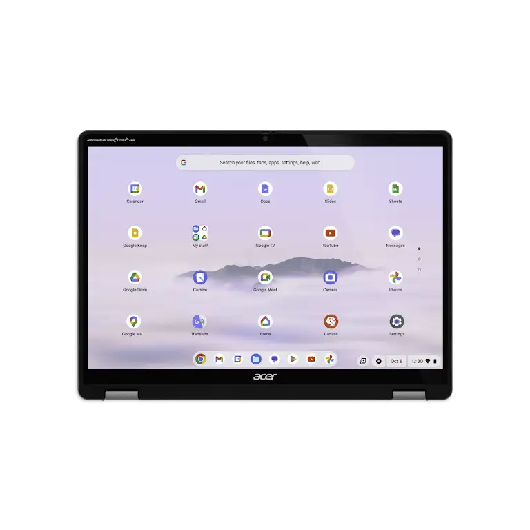 Acer Chromebook Plus Spin 514 device inverted with keys facing down, straightforward view of the apps screen.