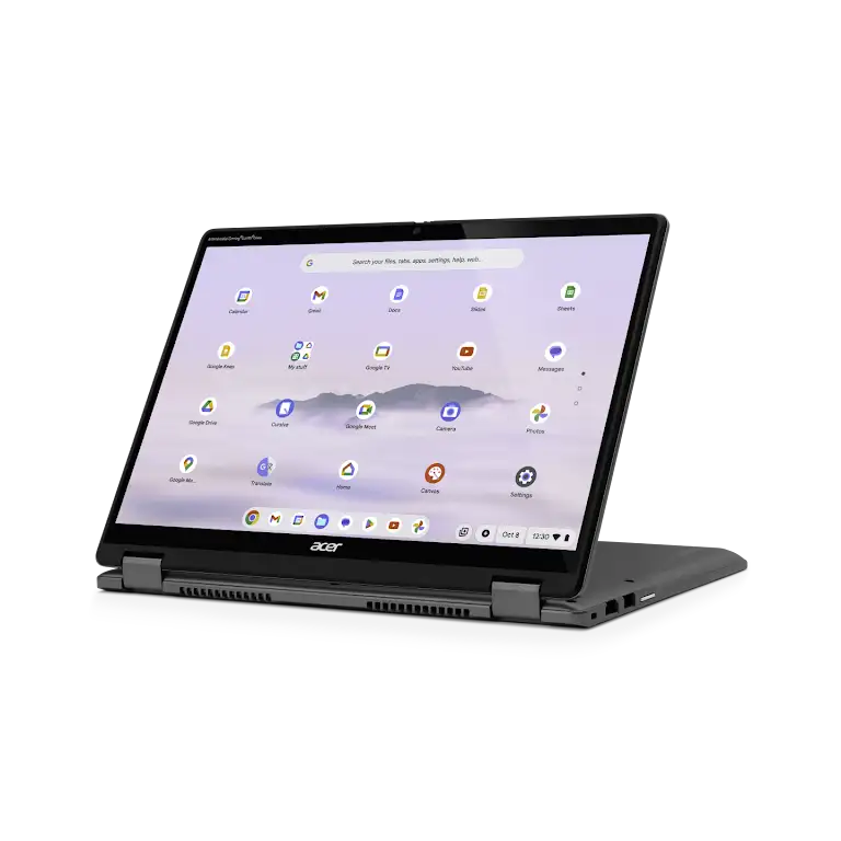 Acer Chromebook Plus Spin 514 device inverted in tablet mode, right side view showing available ports.