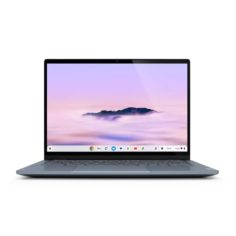 Open Lenovo Chromebook Plus 14 device with background wallpaper and app shelf visible.