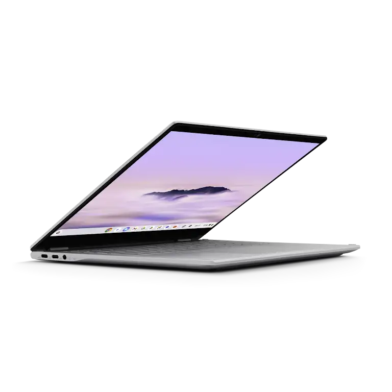 Acer Chromebook Plus Spin 514 device slightly opened up close look at the left side ports and external buttons.