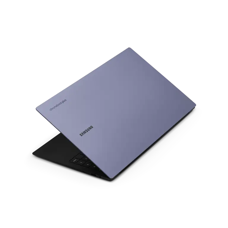 Samsung Galaxy Chromebook Plus device angled to showcase the variety of ports available on the left edge.