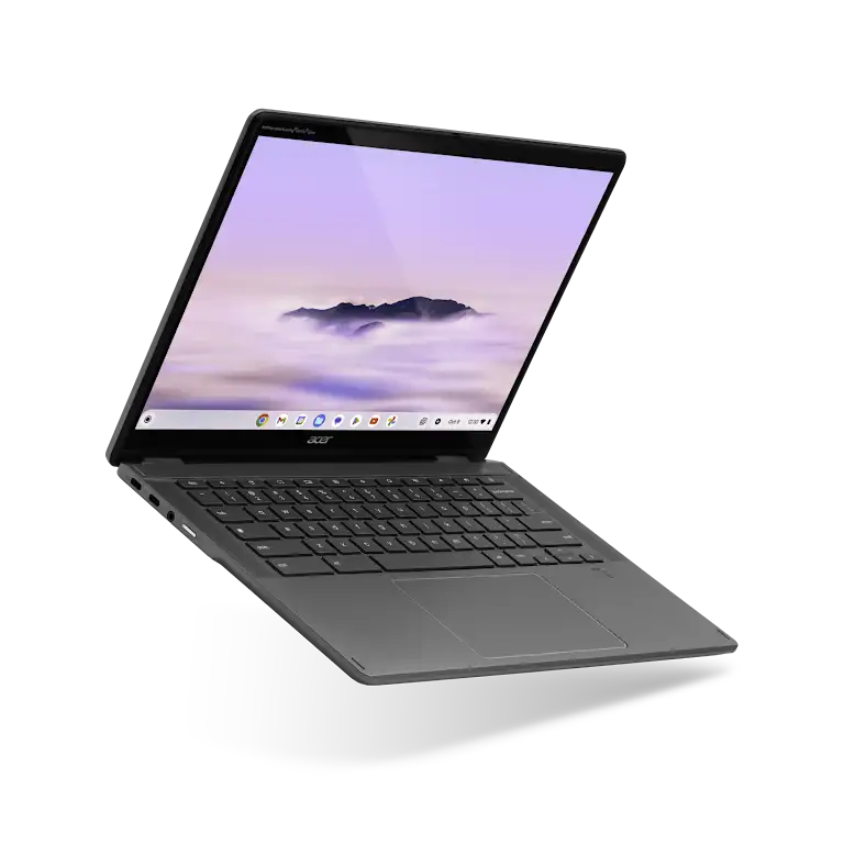 Acer Chromebook Plus Spin 514 device floating open, angled to show the left side and screen.