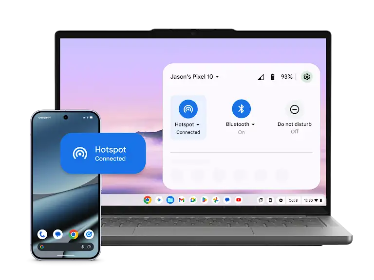 Image shows a Pixel phone easily sharing Wi-Fi via Hotspot with a Google Chromebook.